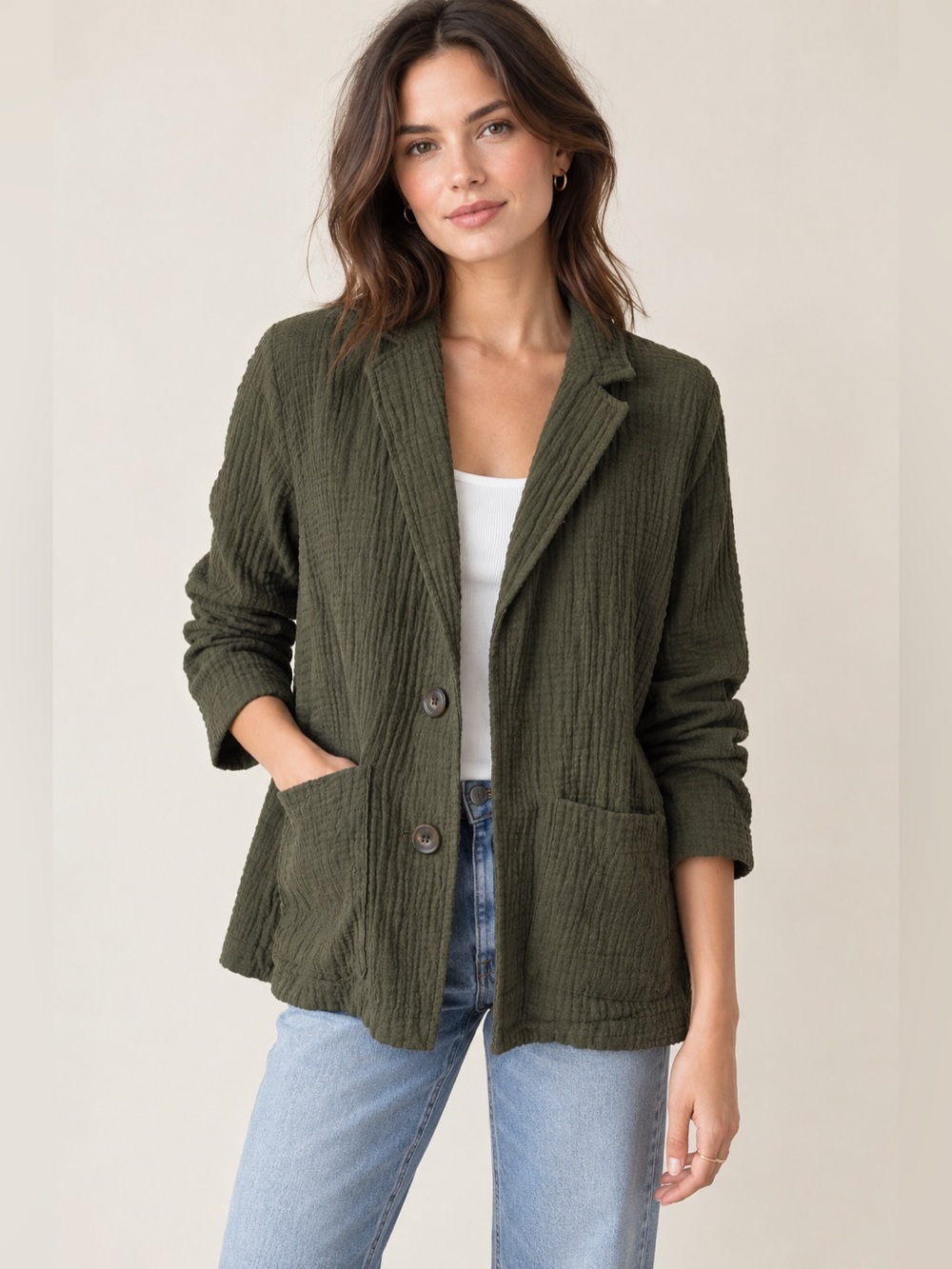 Madewell Olive Green Relaxed Fit Textured Cotton 2 Button Gauze Blazer size Med